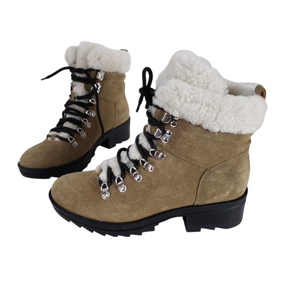 Marc Fisher Shoes - Marc Fisher Brylee Shearling Lace Up Leather Boots Real Sheep Fur Trim Booties
